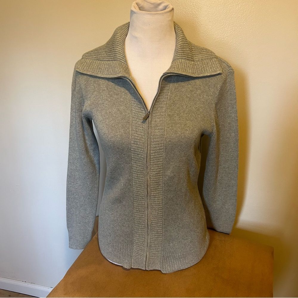 NWT Liz Claiborne Zip Up Sweater Cardigan Ribbed Heather Gray 100% Cotton Small